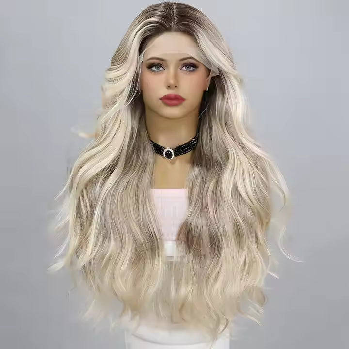 European And American Fashion T - shaped Lace Gold Gradient Wavy Curly Hair Wigs Shipped From Warehouse - 5 - CJ