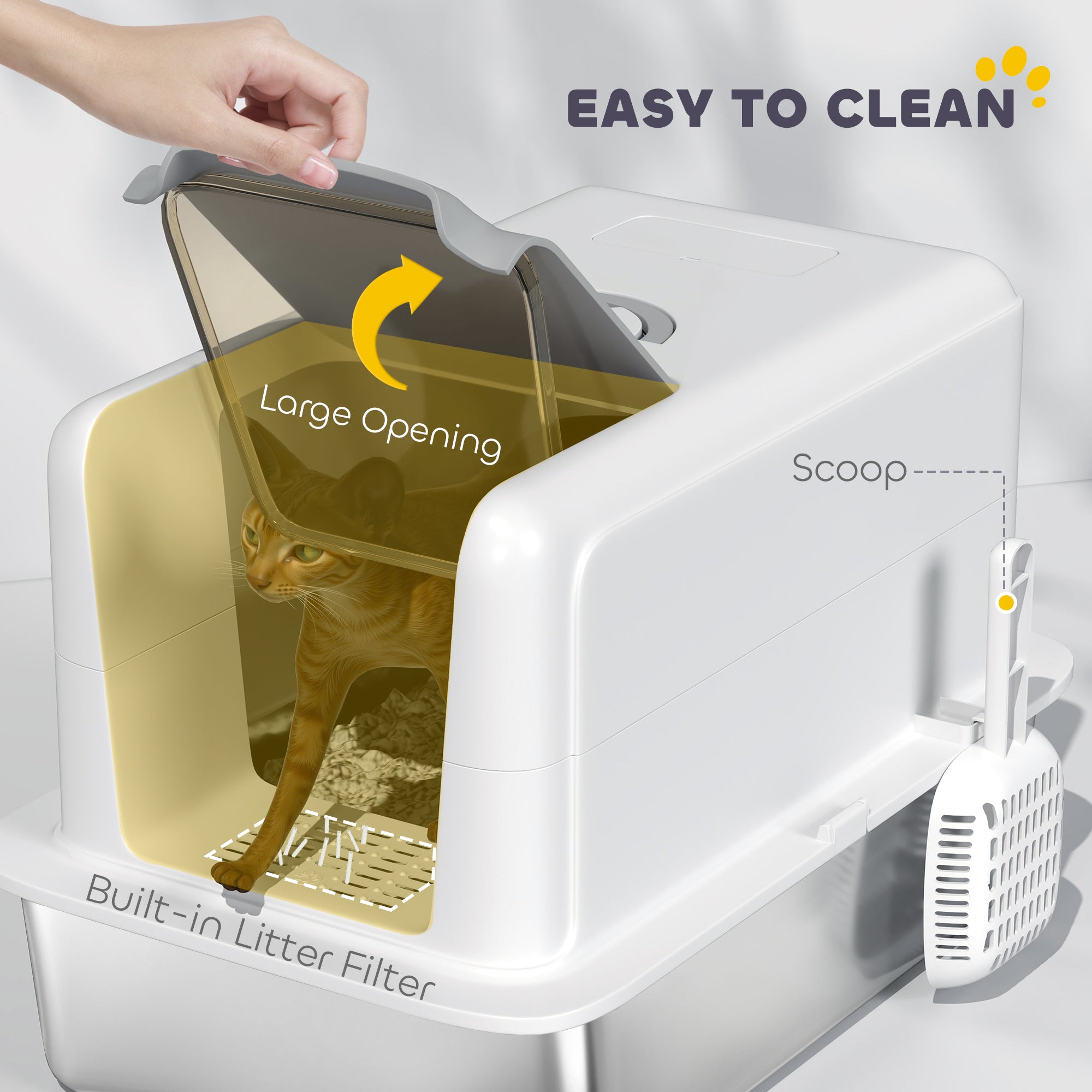 2 in 1 Stainless Steel Cat Litter Box with Removable Lid, Scoop, Filter Bags, for Small to Large Cats, White - 5 - CJ