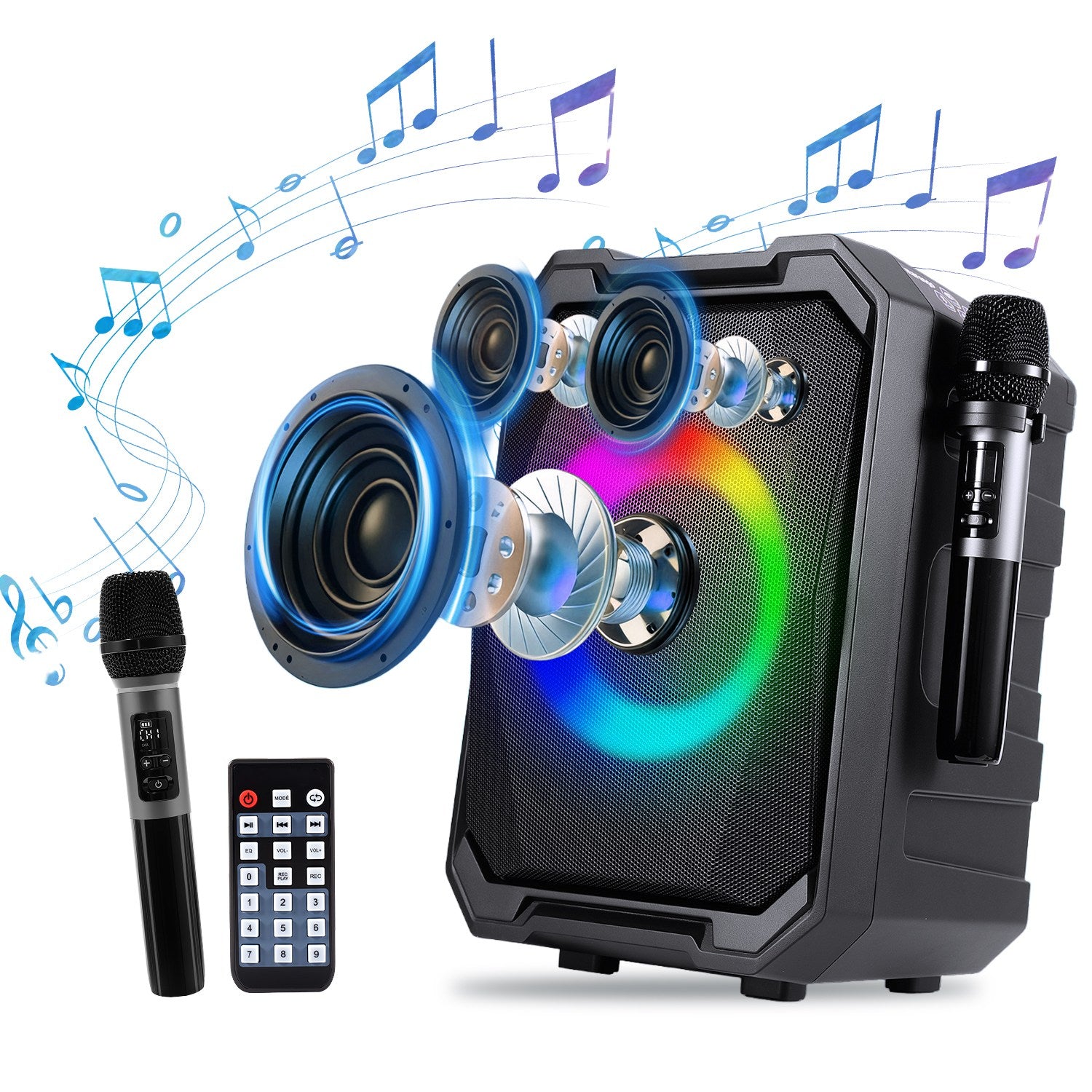 1Pc Portable Wireless Party Speaker With LED Light 2 Wireless Mics Remote Control TWS Music Accompany Mic. Priority Bass Echo Mic Treble Guitar In - 5 - CJ