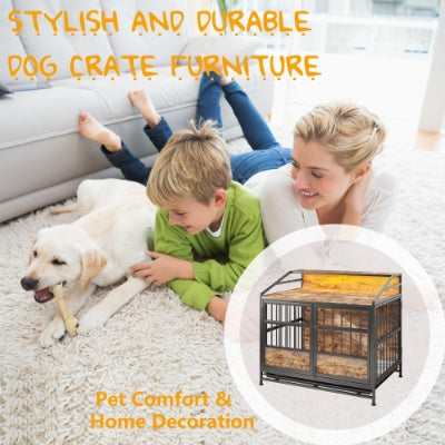 Multi - function Furniture Style Dog Crates With Storage, Dog Crate Furniture Large Wooden Dog Kennel With Double Doors, For Large Medium Dog Indoor, Brown - 5 - CJ