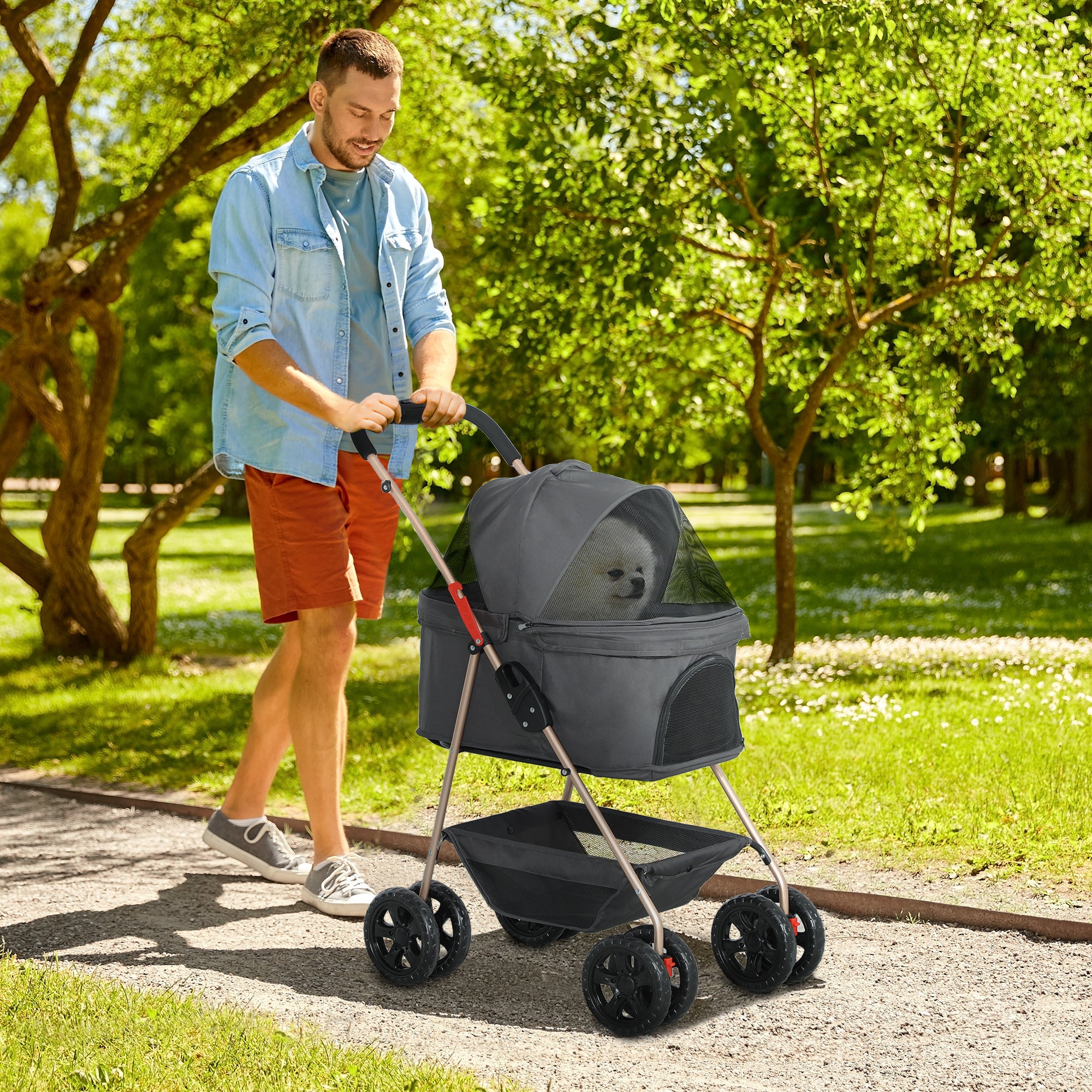 3 In 1 Pet Stroller With Detachable Carrier, Foldable Dog Stroller With Storage Basket, Cupholder, For Mini Dogs, Gray - 5 - CJ