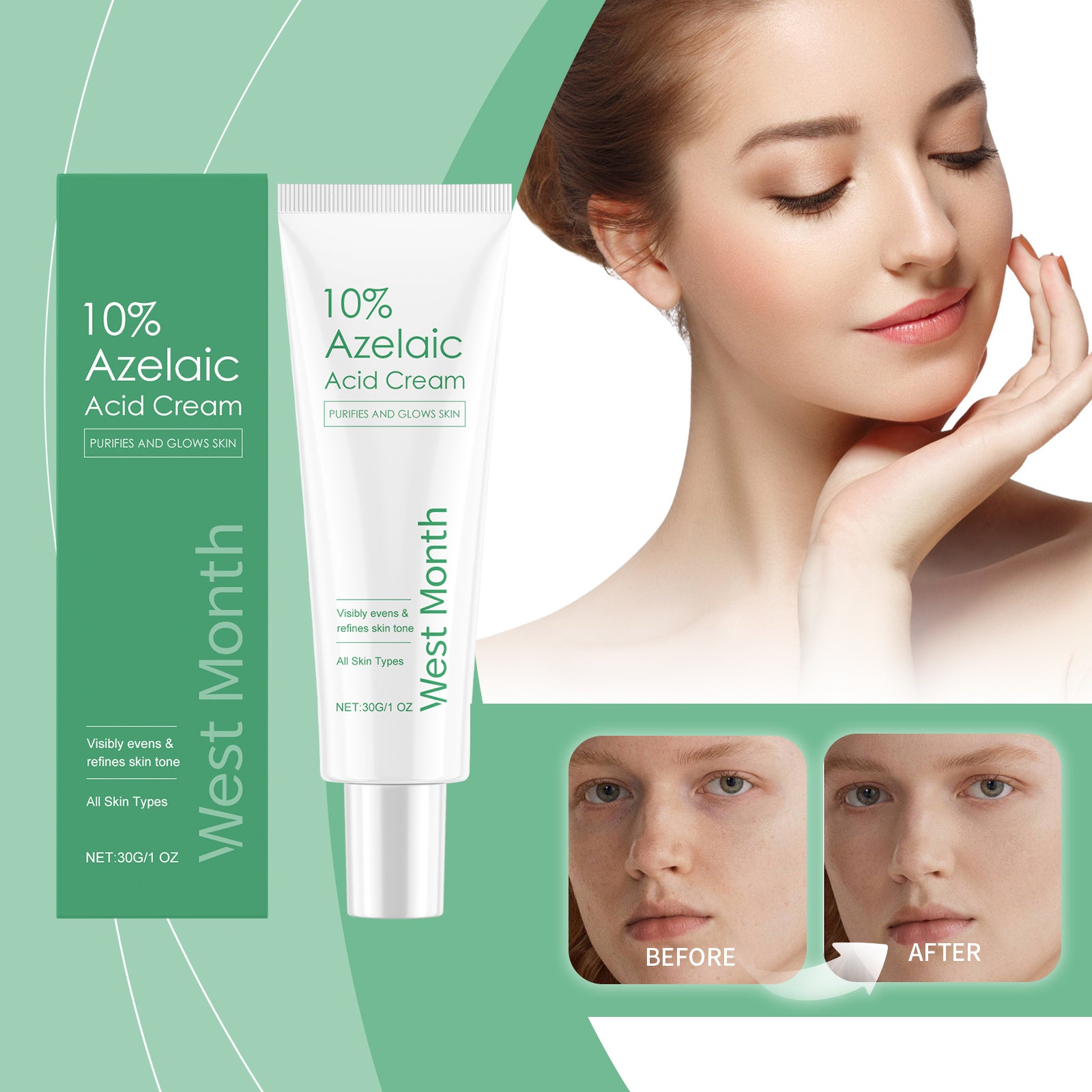 West&Month Azelaic Acid Essence Cream, Repair Moisturizing Moisturizing Face Oil Control Moisturizing Mild Refreshing Cream - 5 - CJ