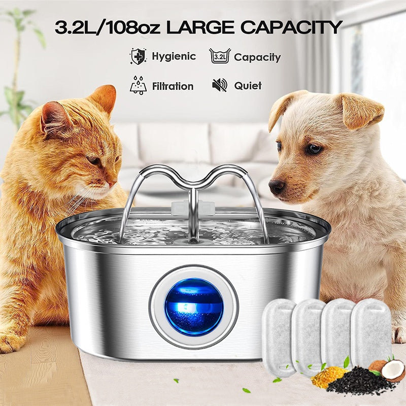 3.2L Cowhorn Model Pet Water Dispenser - Stainless Steel Automatic Water Fountain With 4 Replaceable Filters - 5 - CJ