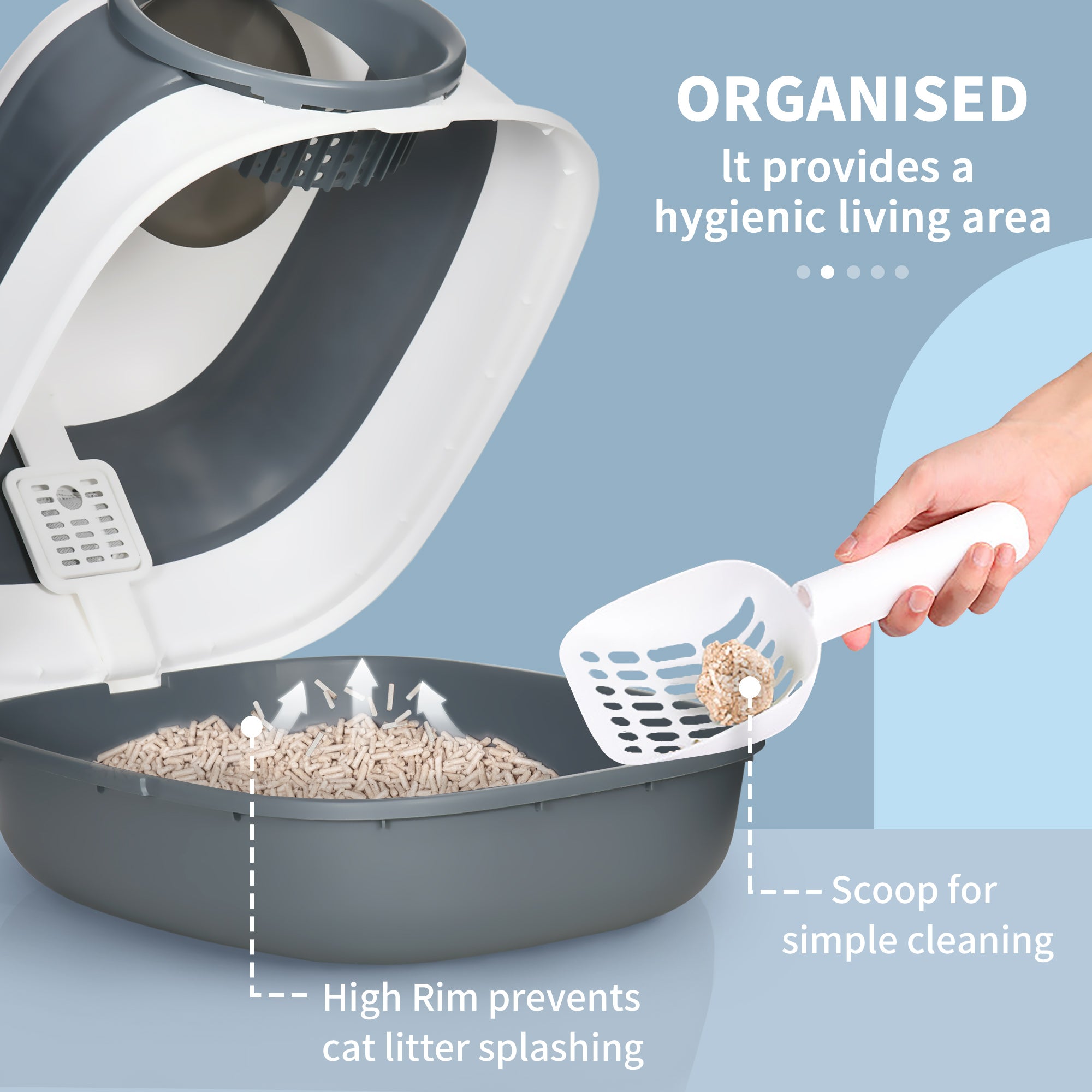 Dome Covered Cat Litter Box with Lid, White and Gray - 5 - CJ