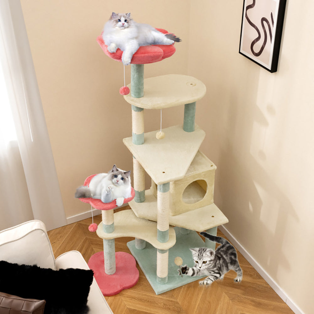 61 Inch Multi - Level Aesthetic Floral Kitten Tower With Flower - Shaped Padded Perch - 5 - cjdroshippping