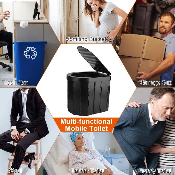 Foldable Emergency Toilet Portable Porta Potty For Car Travel Camping Boating Hiking Cleanable Travel Commode With Lid Carry Bag 1 Roll Garbage Bags - 5 - CJ