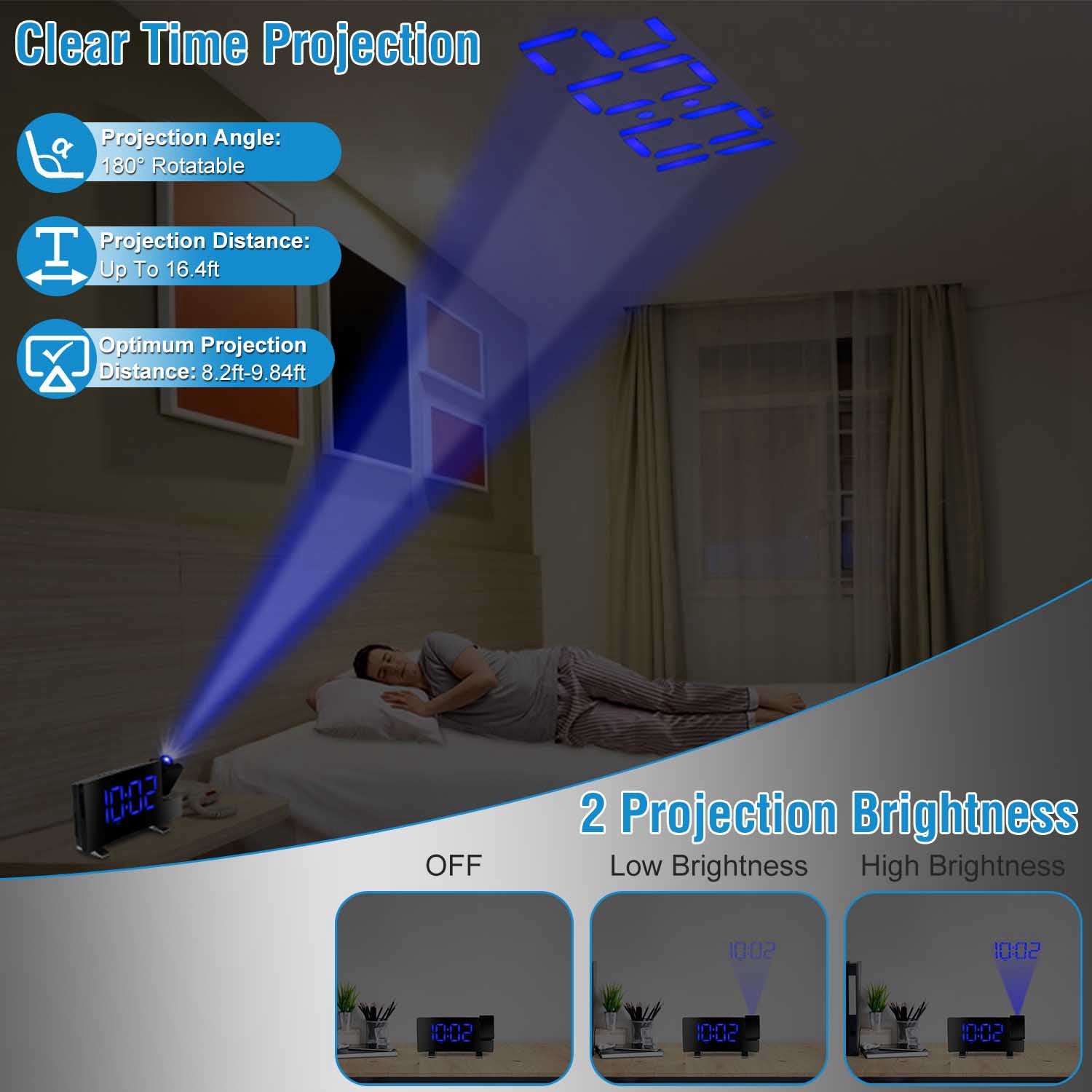 1Pc Projection Alarm Clock With Radio Function Curved Screen LED Digital Alarm Clock With Dual Alarms 4 Dimmer 12 - 24 Hour USB Charging Port 180Degree Rotatable Projection - 5 - CJ
