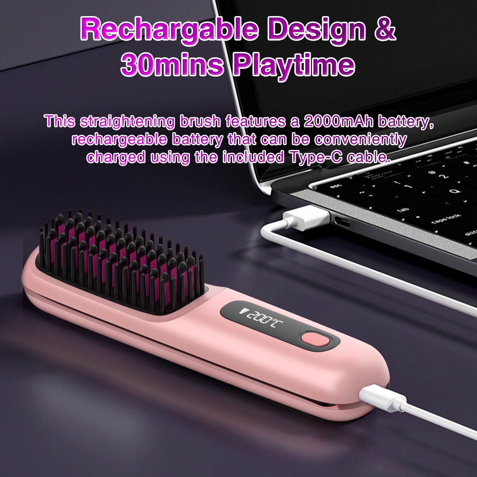 S7 Portable Cordless Hair Straightening Brush With LED Display - Lightweight Mini Negative Ion Hot Brush, USB Rechargeable Women's Travel Essentials Gift, Scald Protection - 5 - CJ