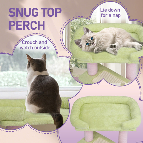 27.5in Cat Tree, Multi - level Cat Tower With Cat Scratching Post And Pad, Cozy Cat Condo, Padded Top Bed For Kittens And Indoor Cats, Pink & Green - 5 - CJ