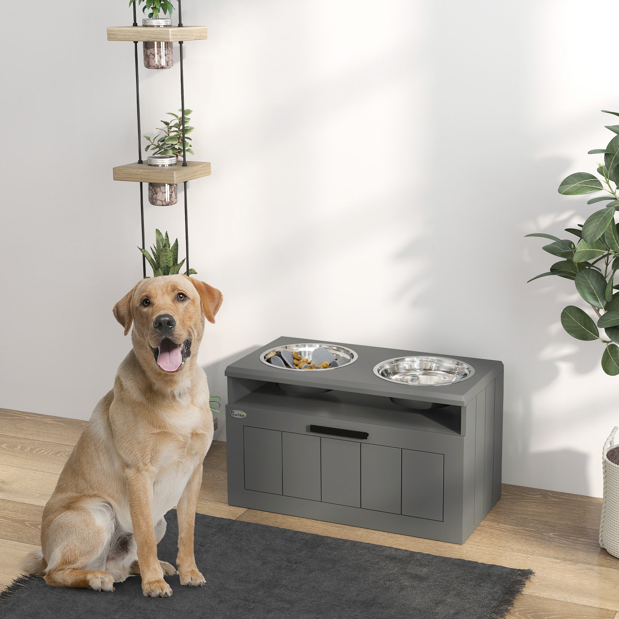 Elevated Dog Bowls, Large Breed Raised Dogs Bowl Stand with 2 Stainless Steel Bowls, Storage Drawer and Slow Feeder Mat - 5 - CJ
