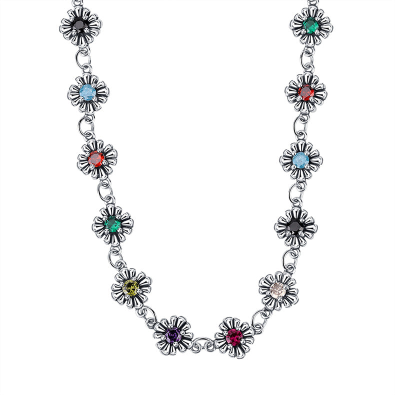 S925 Sterling Silver Gram Colorful Zircon Small Flowers Universal Sweater Chain Necklace - 4 - CJ