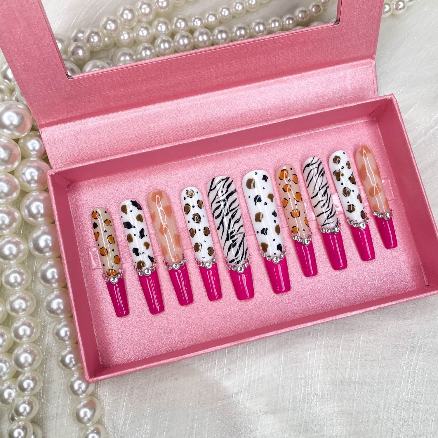 GGDDSHA Nails 10pcs Handmade Press On Nails - GlitterGold Diamond Extra Long Stiletto Reusable Gel UV FinishedFalse Nails, Designer Fashion 3D Hand - painted Nails ,Diamond Zebra - 5 - cjdropshipping