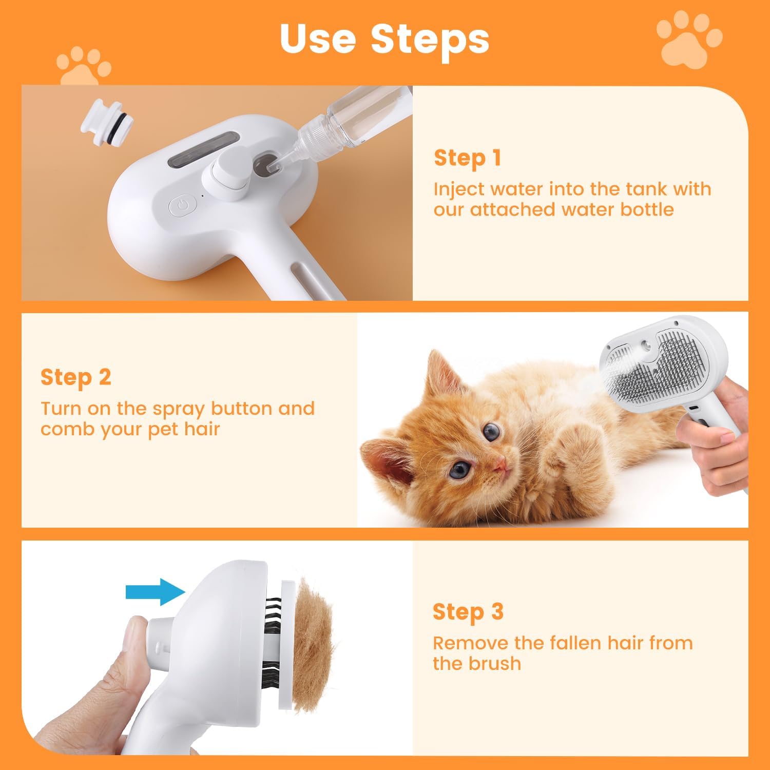 3 In 1 Cat Steam Brush, Pet Steam Brush For Cat Dog Long Short Haired, Pet Spray Hair Removal Comb For Small Animals Shedding & Grooming, Water Mist Spray Brushes With Release Button - 5 - CJ