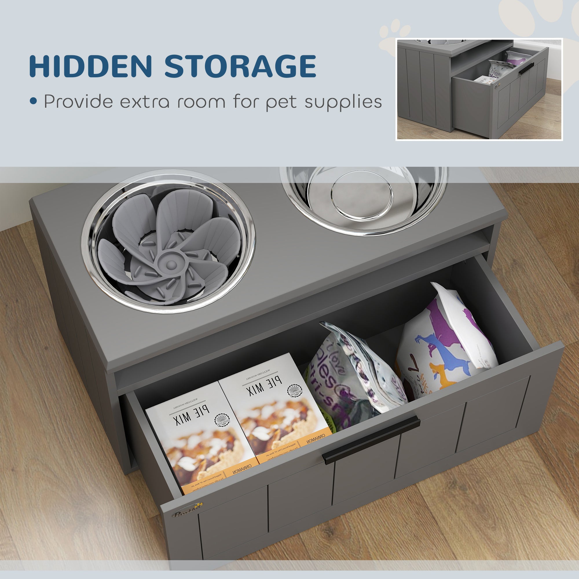 Elevated Dog Bowls, Large Breed Raised Dogs Bowl Stand with 2 Stainless Steel Bowls, Storage Drawer and Slow Feeder Mat - 5 - CJ