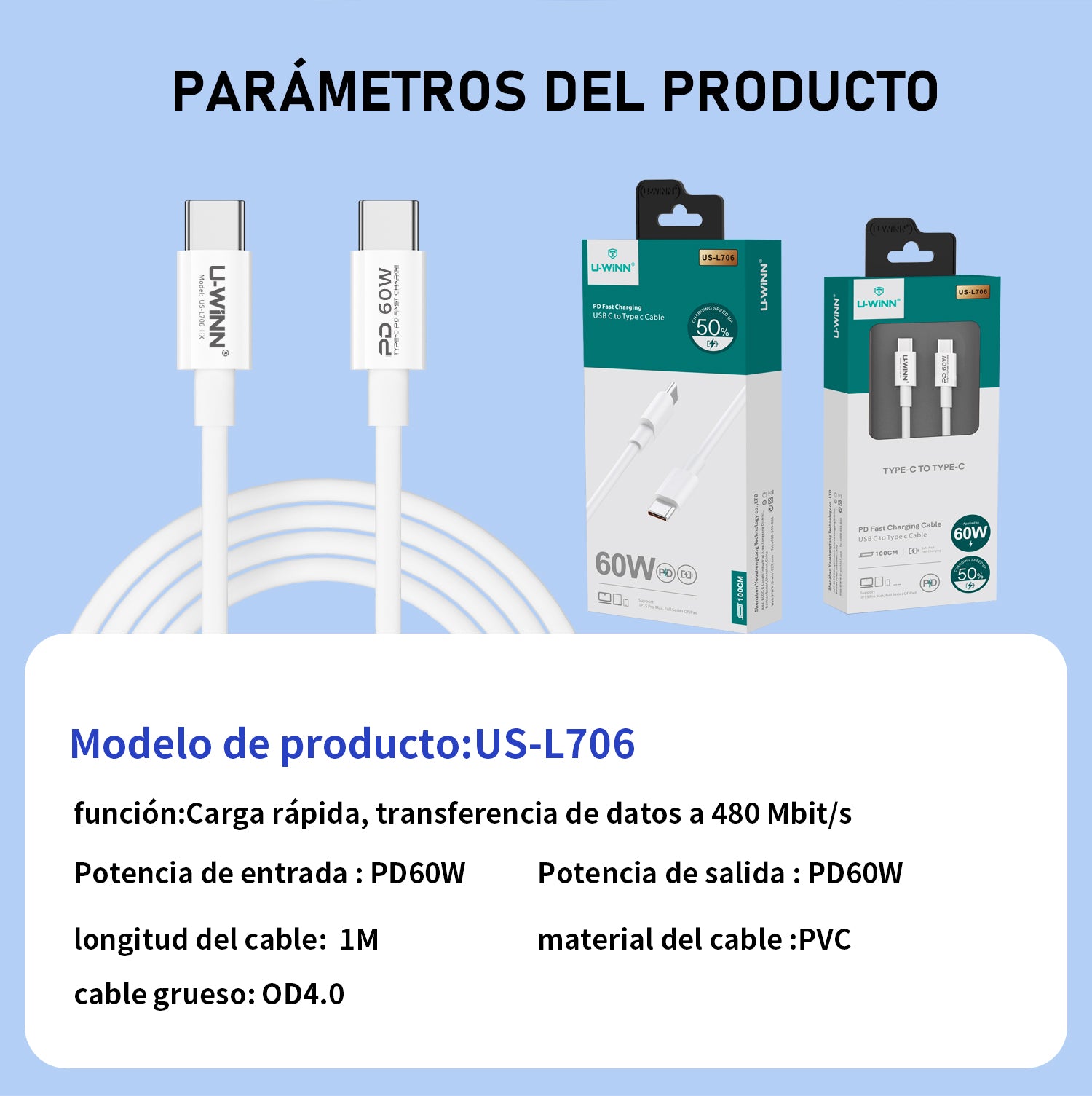 L706 USB - C To USB - C Cable PD 60W 1M White USB 3.0 UWINN - 5 - CJ