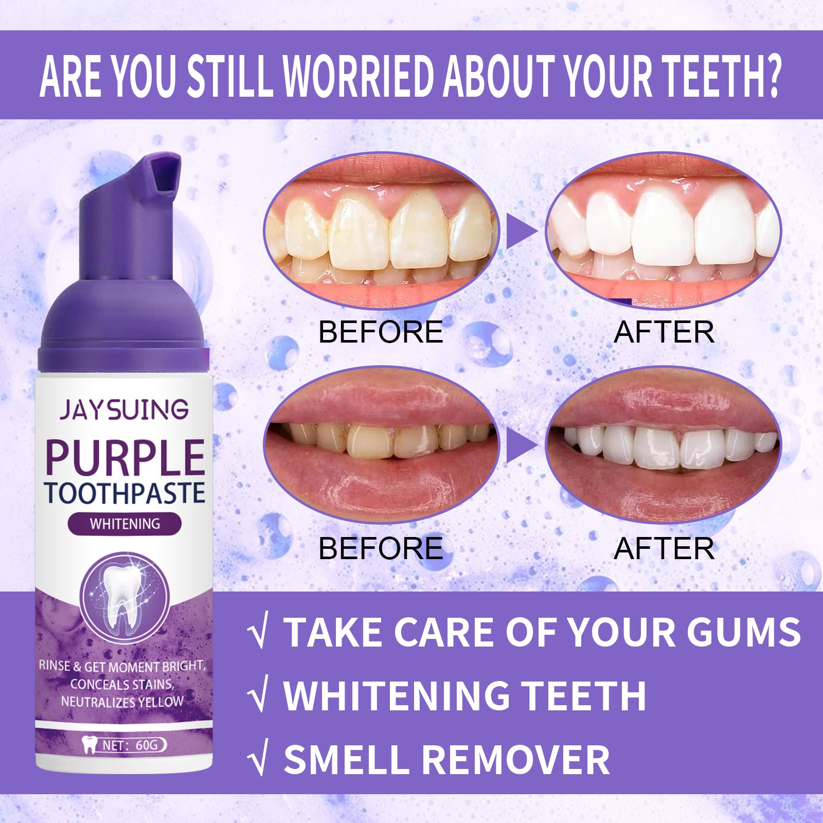 Jaysuing Purple Tooth Whitening Toothpaste Brightens Teeth, Cleanses Stains, Diminishes Odors, And Beauties Teeth Toothpaste - 5 - CJ