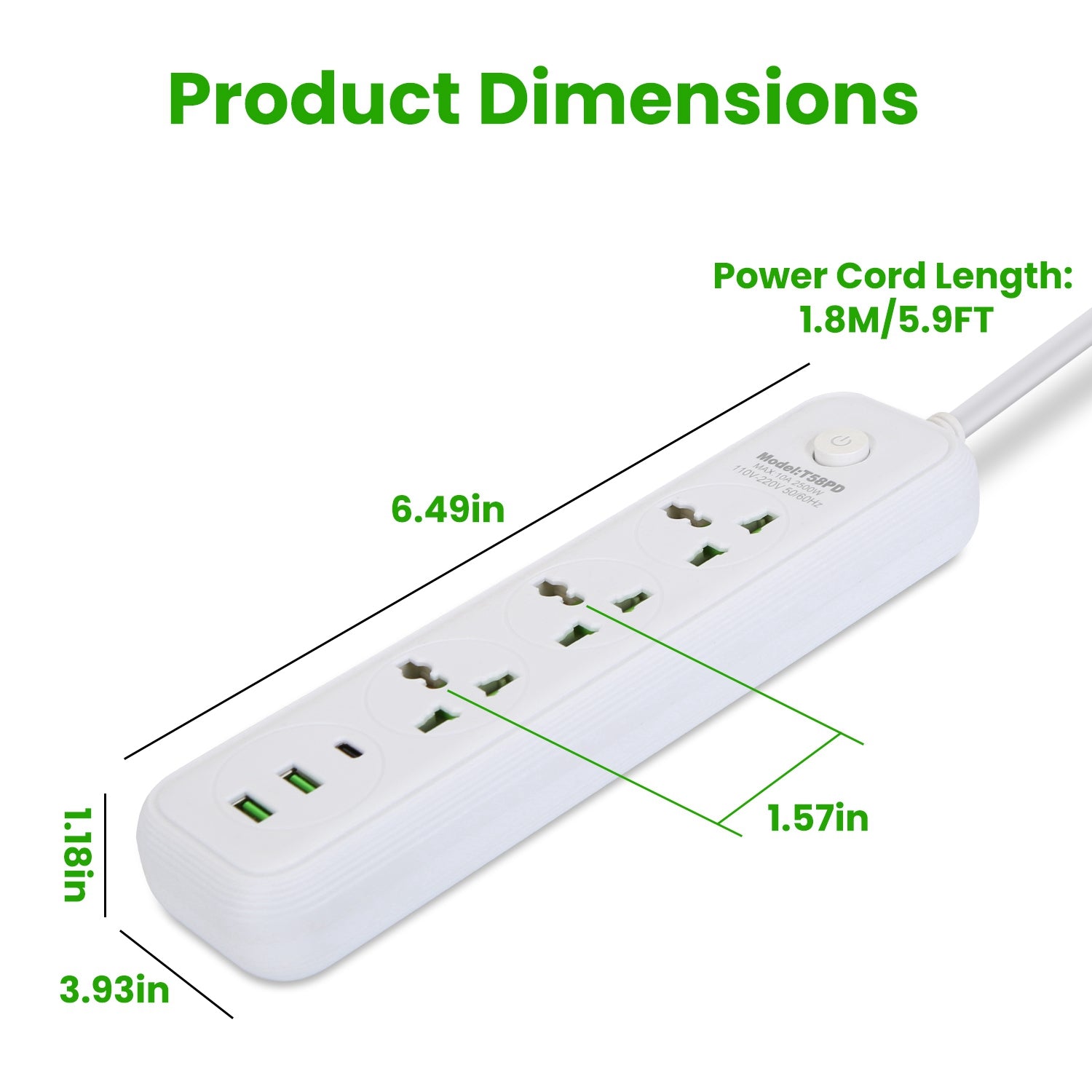 1Pc Power Strip With 6FT Extension Cord 3 AC Outlets And 2 USB A Ports 1 USB C Port 2500W Wall Mount Outlet Extender For Home Office Dorm Travel - 5 - CJ
