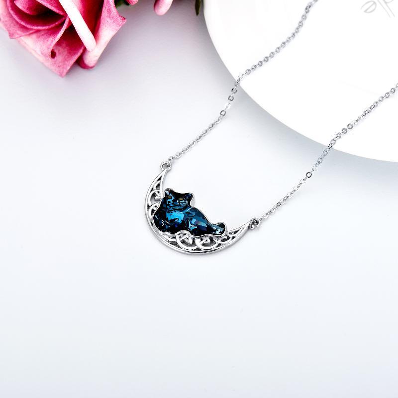 Cat and Celtic Moon Necklace with Blue Crystal in S925 Sterling Silver - 5 - cjdropshipping