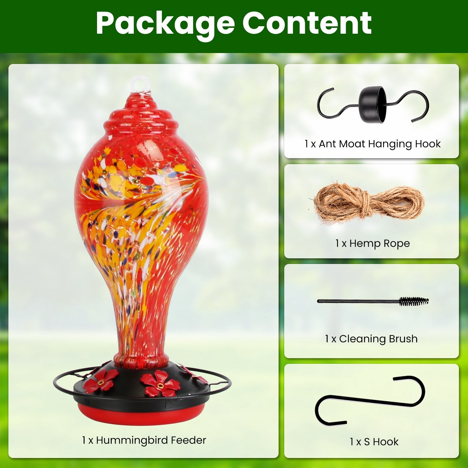 1Pc Glass Hummingbird Feeder 33OZ Hand Blown Hummingbird Feeder With 5 Flower Feeding Port Perch Ant Moat Hanging Hook S Hook Hemp Rope Cleaning Brush For Garden Decor - 5 - CJ