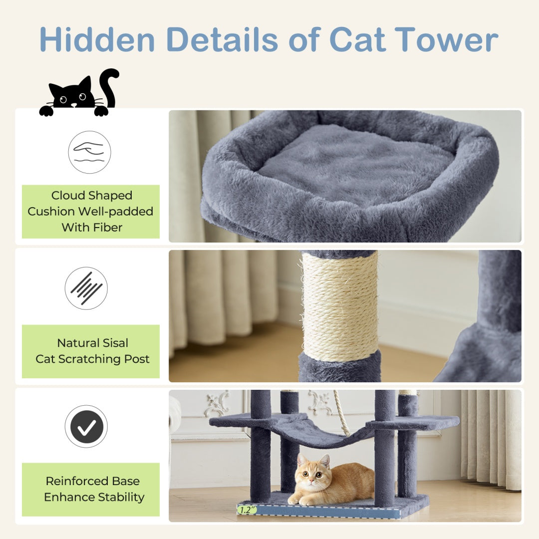 66 Inch Cat Tree Tower, Large Multi - Cat Climbing Extended Platform, Hammock, Pet House For Indoor Cats And Kittens Play - 5 - CJ