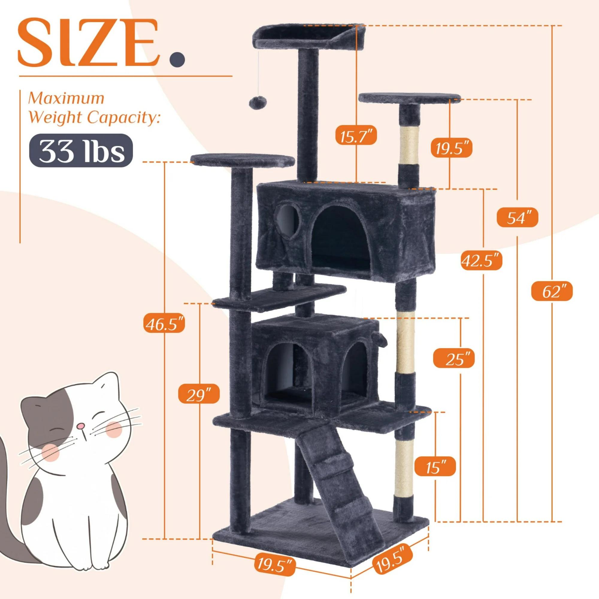 Large Cat Tree Tower, 62 - 70 - 80 Cat Tree Large Cats, Multi Level With Scratching Post, Cozy Cat Jumping Platform Space, Grey - 5 - CJ