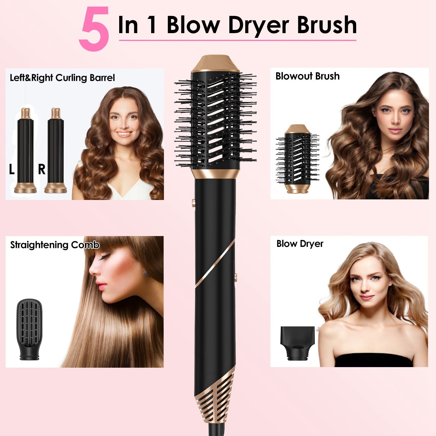 1Pc 5 In 1 Hot Air Styler Straightener Curler Dryer Automatic Wrap Styler Hair Dryer Brush Set With 3 Temp Settings ALCI Plug Glove Cable Tie 2 Alligator Hair Clips - 5 - CJ