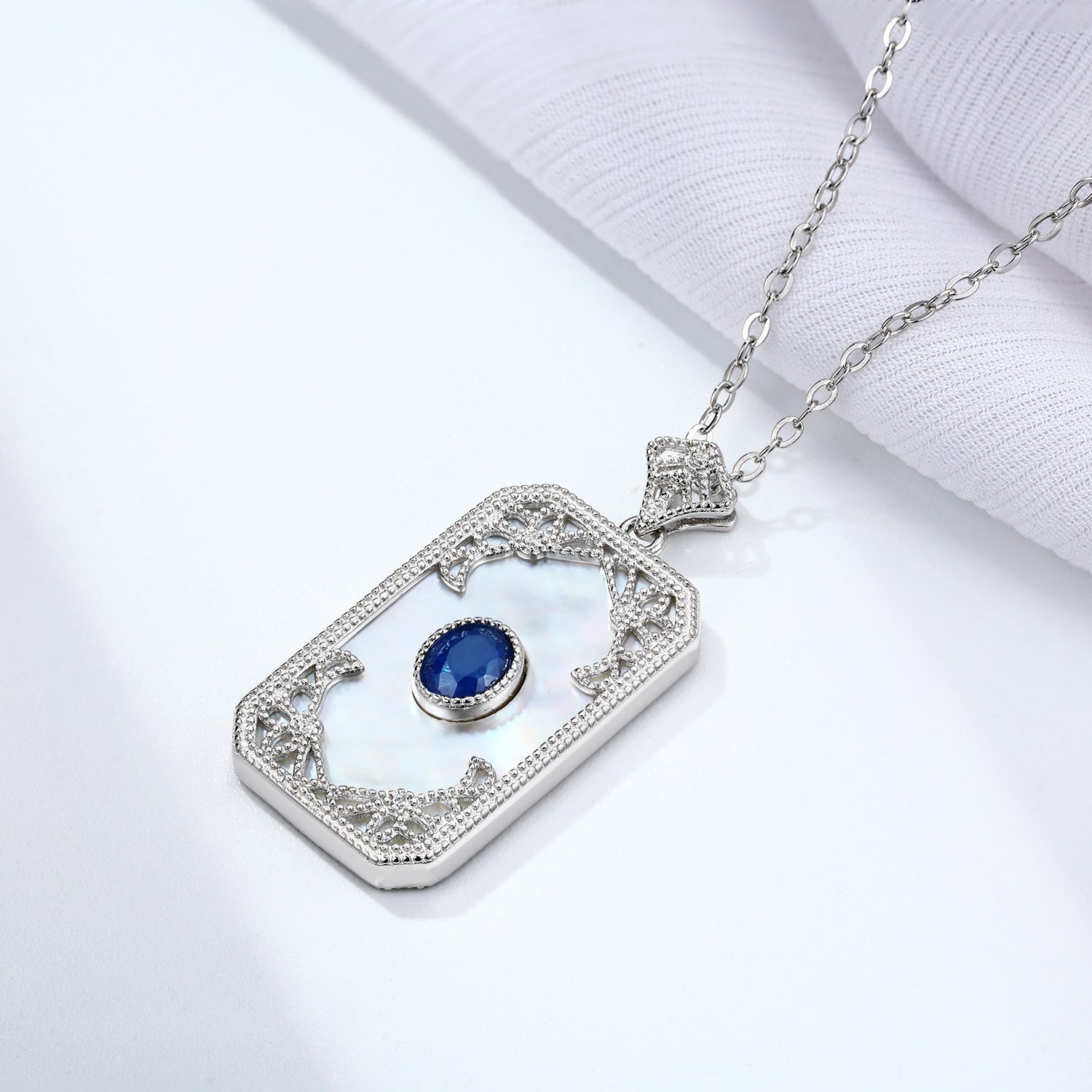 S925 Silver Inlaid Sapphire Necklace With Vintage Pattern Pendant Designed By A Natural Female Belle Pendant - 4 - CJ