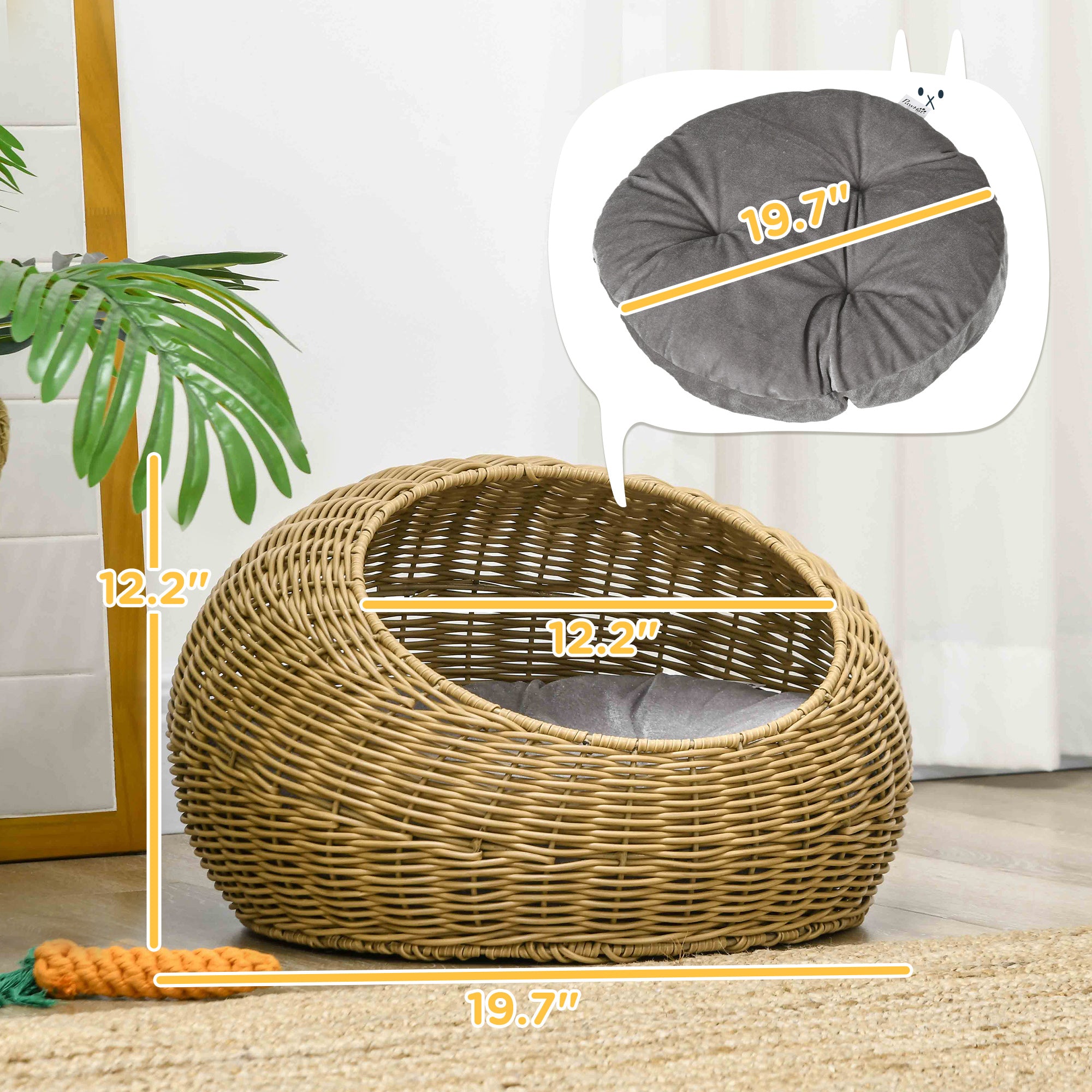 Rattan Cat Bed with Washable Cushion for Cats, Puppies, Light Brown - 5 - CJ