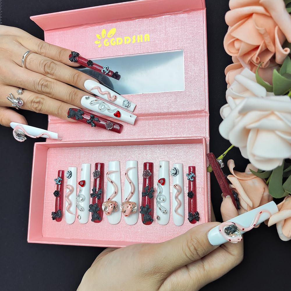 GGddsha Long Handmade PMMA Acrylic Press On Nails WithRhinestone Snake Rose Design, Dark Bear Nails,Reusable Fake Nails W Box, Gift For Women,Scarlet Serpentine - 5 - CJ