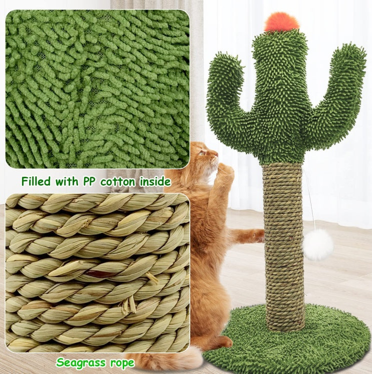 Cactus Cat Climbing Tree 2 - in - 1 - Solid Wood Base Natural Sisal Scratching Pillar With Hanging Ball Toy, Indoor Cat Multi - level Activity Center - 5 - CJ