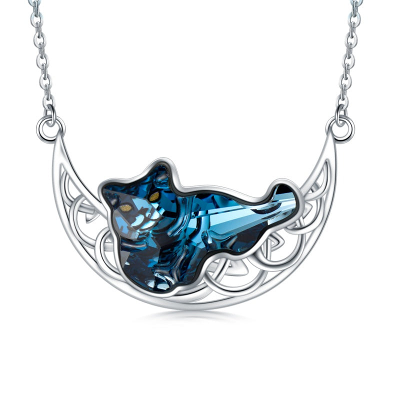 Cat and Celtic Moon Necklace with Blue Crystal in S925 Sterling Silver - 5 - cjdropshipping