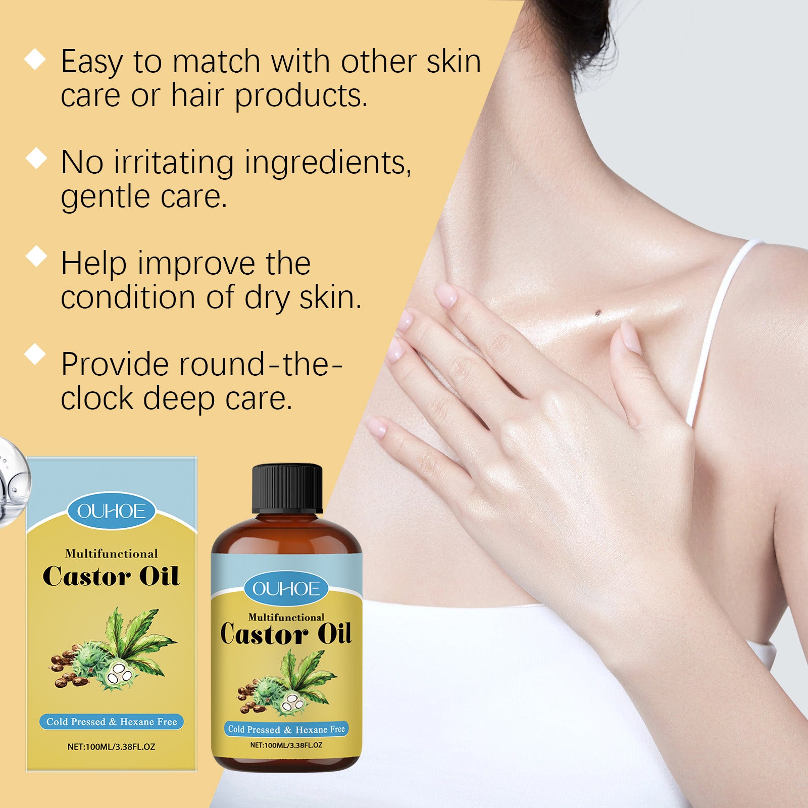 OUHOE Organic Castor Oil, Moisturizes And Hydrates Hair, Eyebrows, Skin, Body Multi - Effect Care Gentle Massage - 5 - CJ