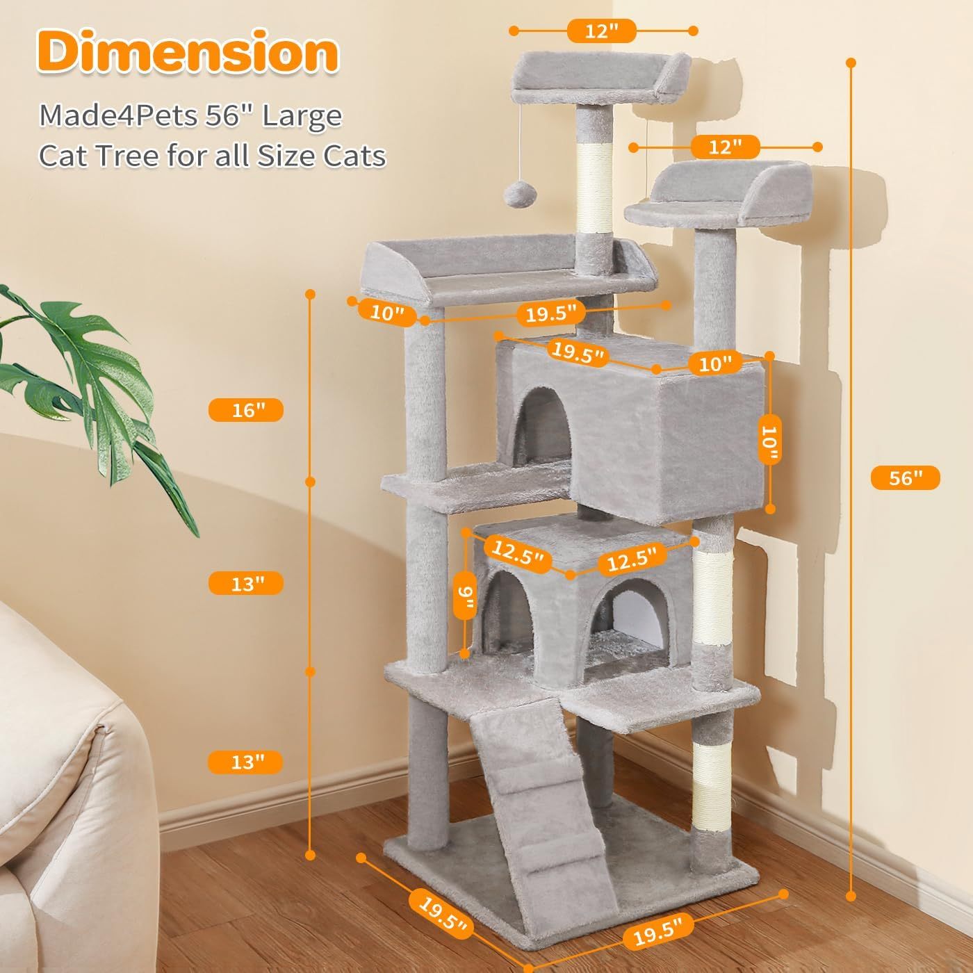 Made4Pets 56 - inch Pet Cat Tree For Indoor Cats Multi - Level Cat Tree With 2 Apartments Cat Activity Center With Scratching Posts And Toys Light Gray - 5 - CJ
