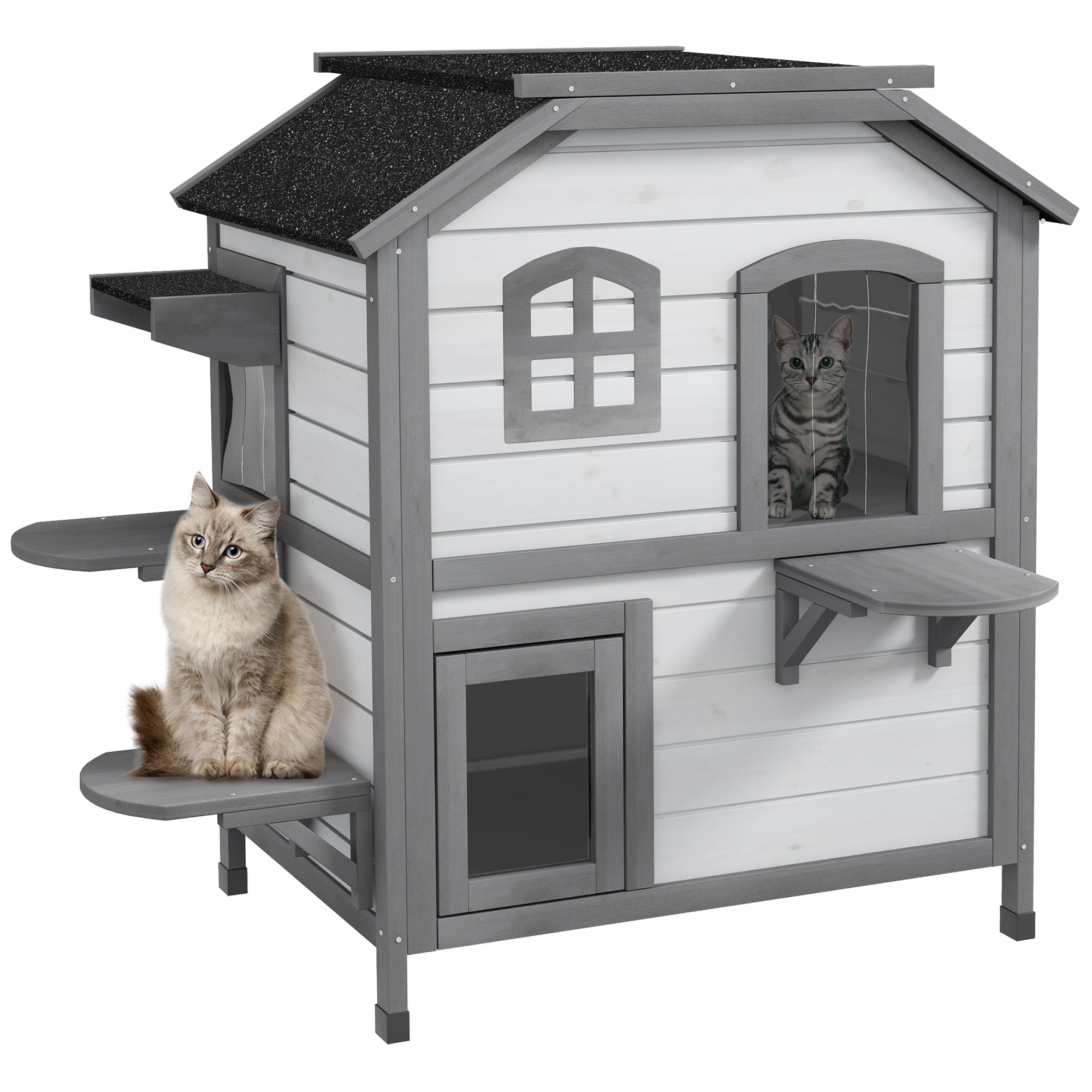 2 - story Cat House Outdoor, Weatherproof Wooden Cat Enclosure for Feral Cats with Escape Door, Openable Roof, Jumping Platforms, White - 5 - CJ
