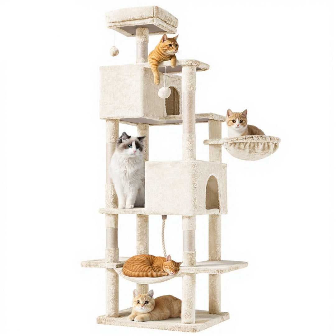 66 Inch Cat Tree Tower, Large Multi - Cat Climbing Extended Platform, Hammock, Pet House For Indoor Cats And Kittens Play - 5 - CJ