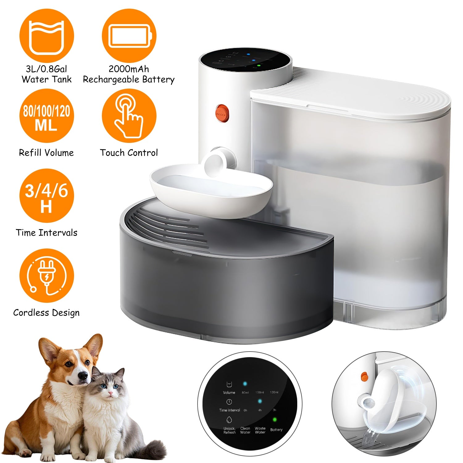 1Pc Smart Pet Water Fountain Automatic Cat Water Dispenser 3L Cordless Rechargeable Dog Water Fountain Self - Refill With 3 Adjustable Volume 3 Time Intervals Touch Control - 5 - CJ