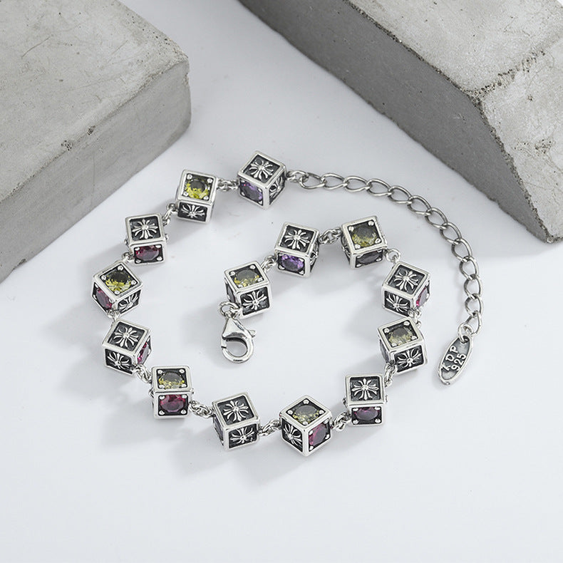 925 Sterling Silver Tide Square Cross Rainbow Zircon Dice Bracelet - 4 - CJ