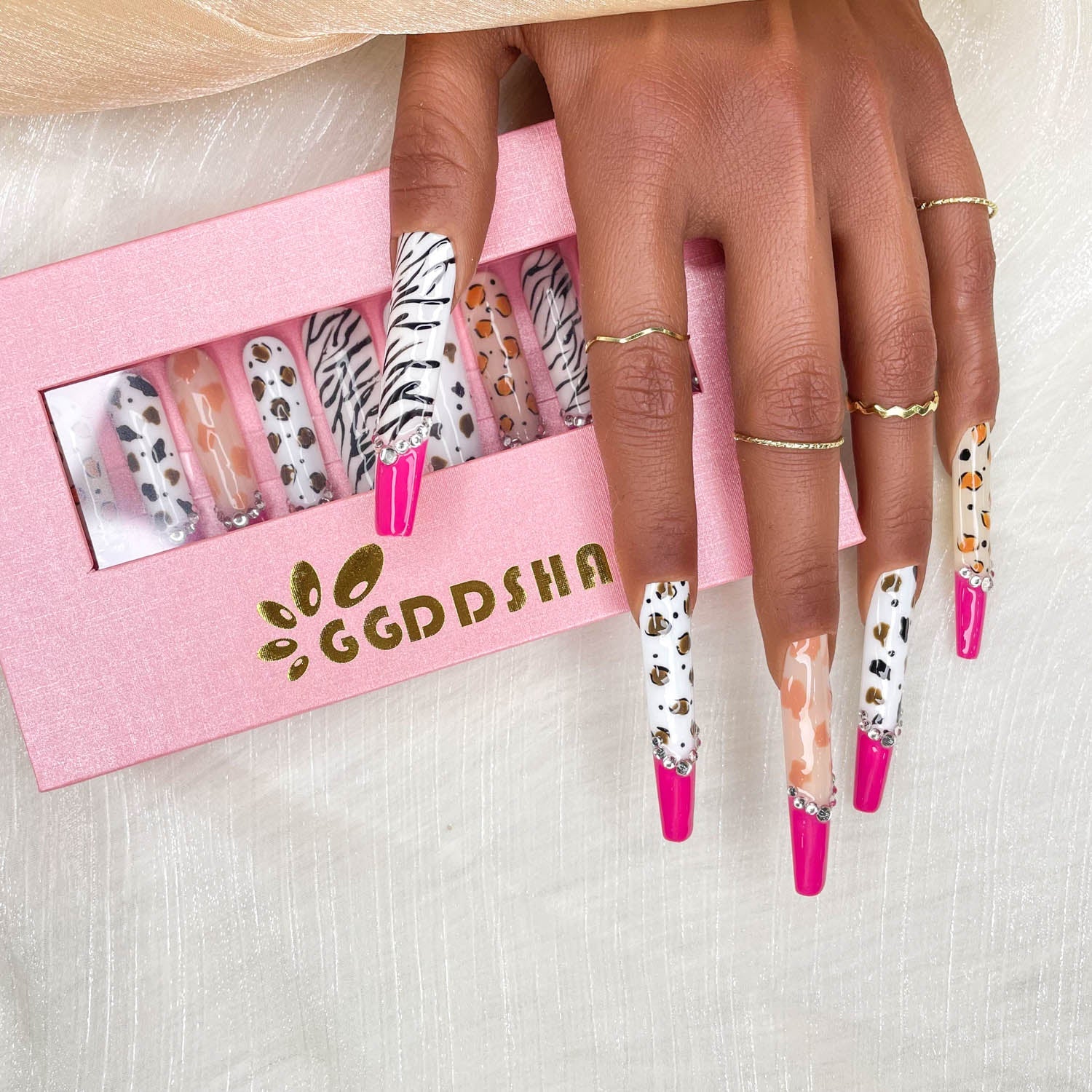 GGDDSHA Nails 10pcs Handmade Press On Nails - GlitterGold Diamond Extra Long Stiletto Reusable Gel UV FinishedFalse Nails, Designer Fashion 3D Hand - painted Nails ,Diamond Zebra - 5 - cjdropshipping