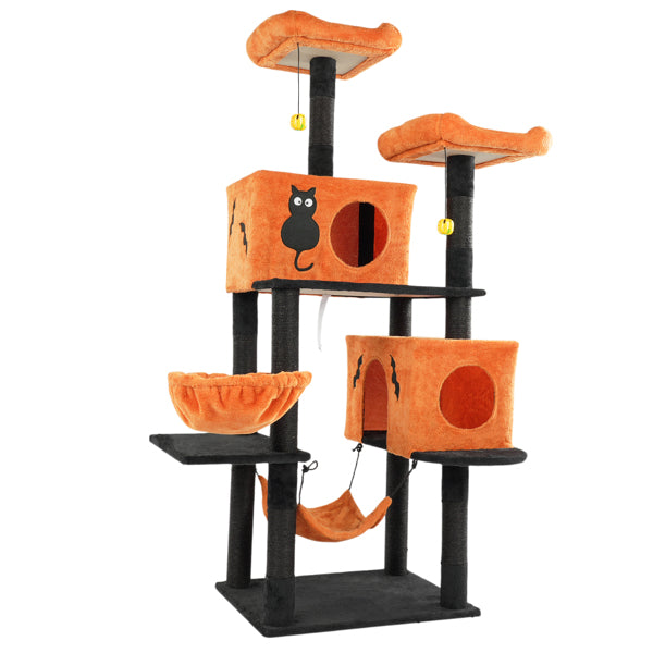 Halloween Cat Tree, Large Cat Tower With 2 Spacious Cat Condos, 2 Padded Perches, 2 Hammocks, Scratching Posts, Hanging Toy, Multi - Level Cat Activities Furniture For Large Cats, Orange & Black - 5 - CJ