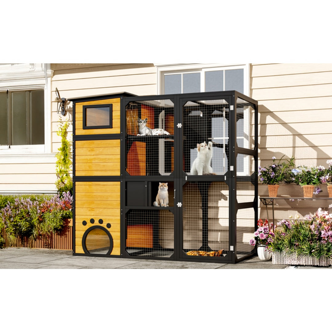 GO Large Cat Catio 4 Tiers Cat Enclosure For Outdoor, Cat House Weatherproof Attached To Window For Multiple Cats With Platforms And Resting Rooms, Brown - 5 - CJ