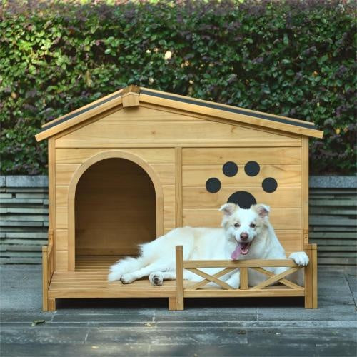 48 Wooden Dog House Outdoor With Porch, Dog Kennel With Water - Resistant Asphalt Roof And Fencing,Indoor & Outdoor Dog Crate With Paw Print, Medium, Nature - 5 - CJ