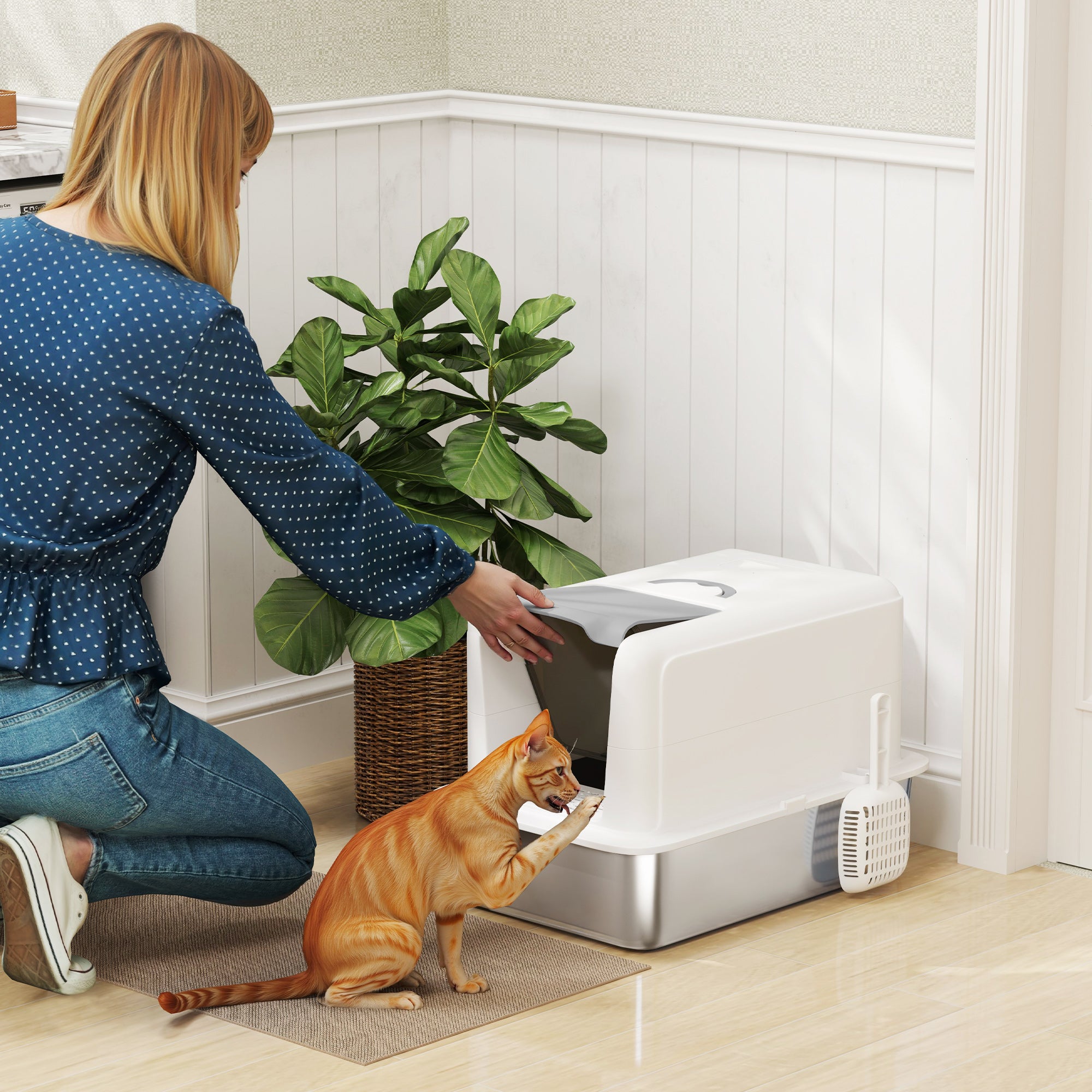 2 in 1 Stainless Steel Cat Litter Box with Removable Lid, Scoop, Filter Bags, for Small to Large Cats, White - 5 - CJ