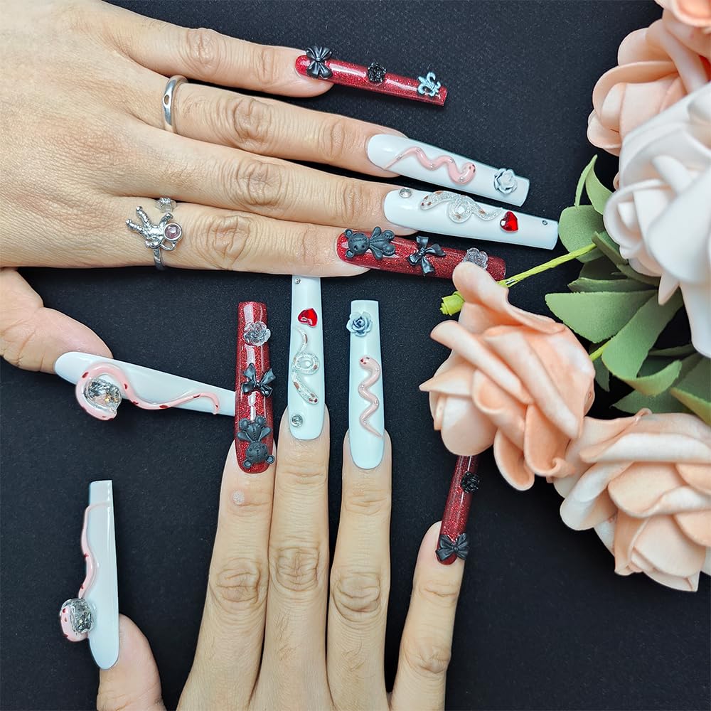 GGddsha Long Handmade PMMA Acrylic Press On Nails WithRhinestone Snake Rose Design, Dark Bear Nails,Reusable Fake Nails W Box, Gift For Women,Scarlet Serpentine - 5 - CJ