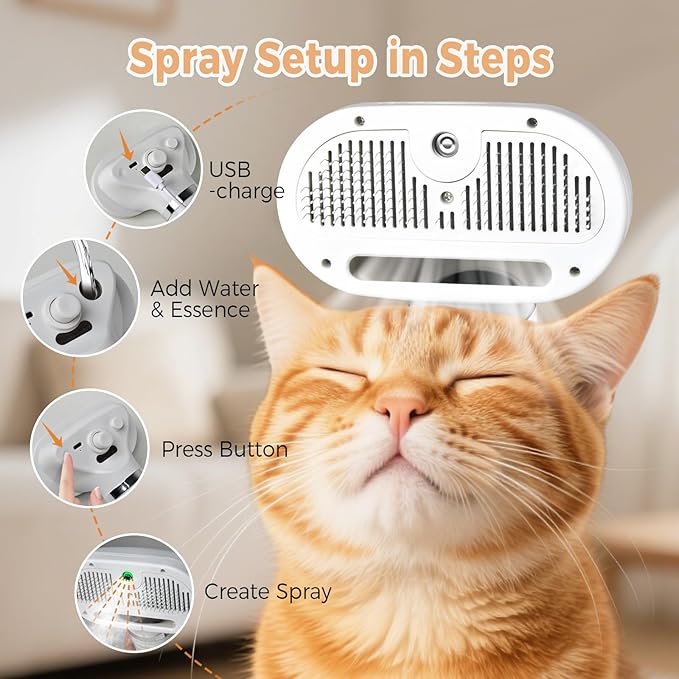 3 In 1 Cat Steam Brush, Pet Steam Brush For Cat Dog Long Short Haired, Pet Spray Hair Removal Comb For Small Animals Shedding & Grooming, Water Mist Spray Brushes With Release Button - 5 - CJ