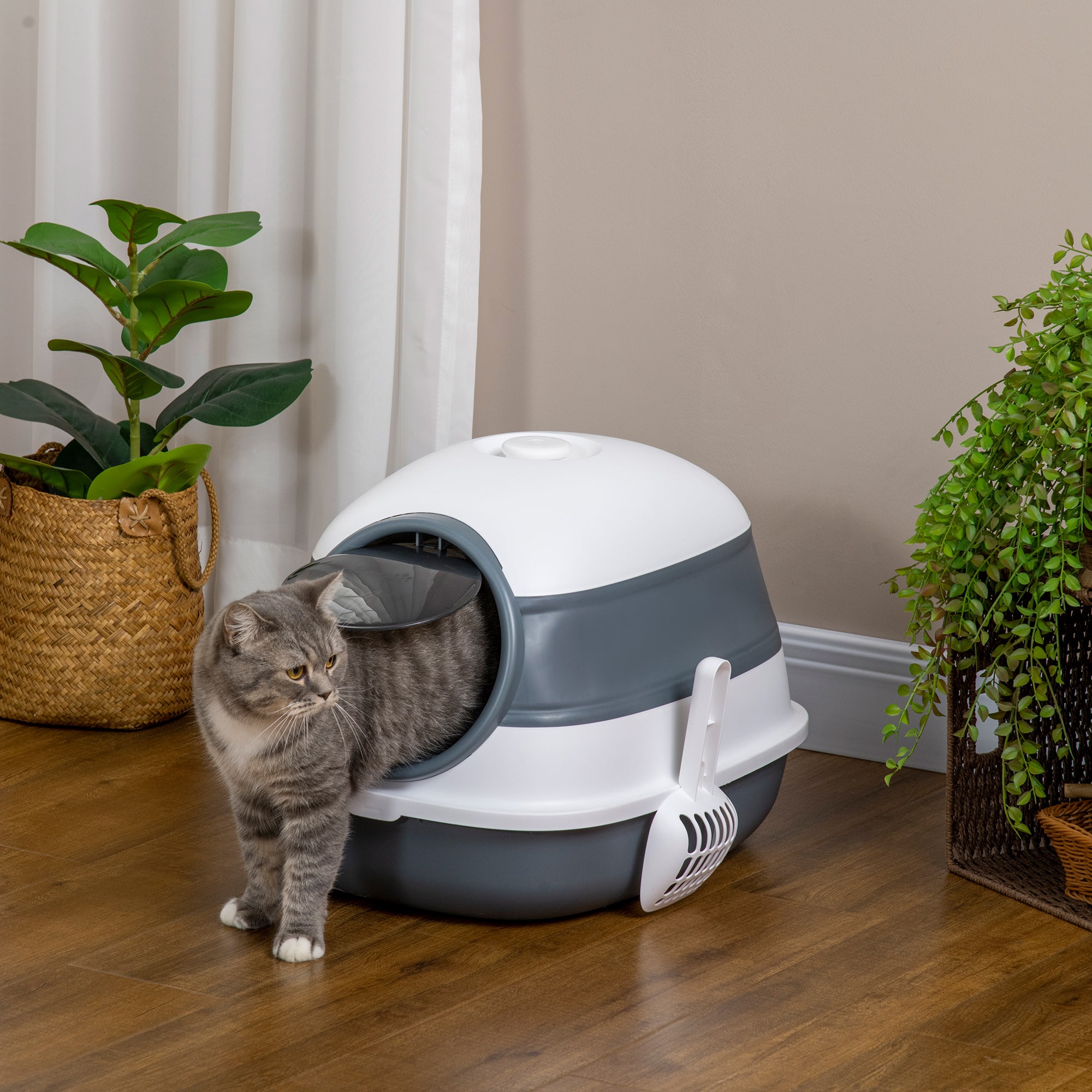 Dome Covered Cat Litter Box with Lid, White and Gray - 5 - CJ