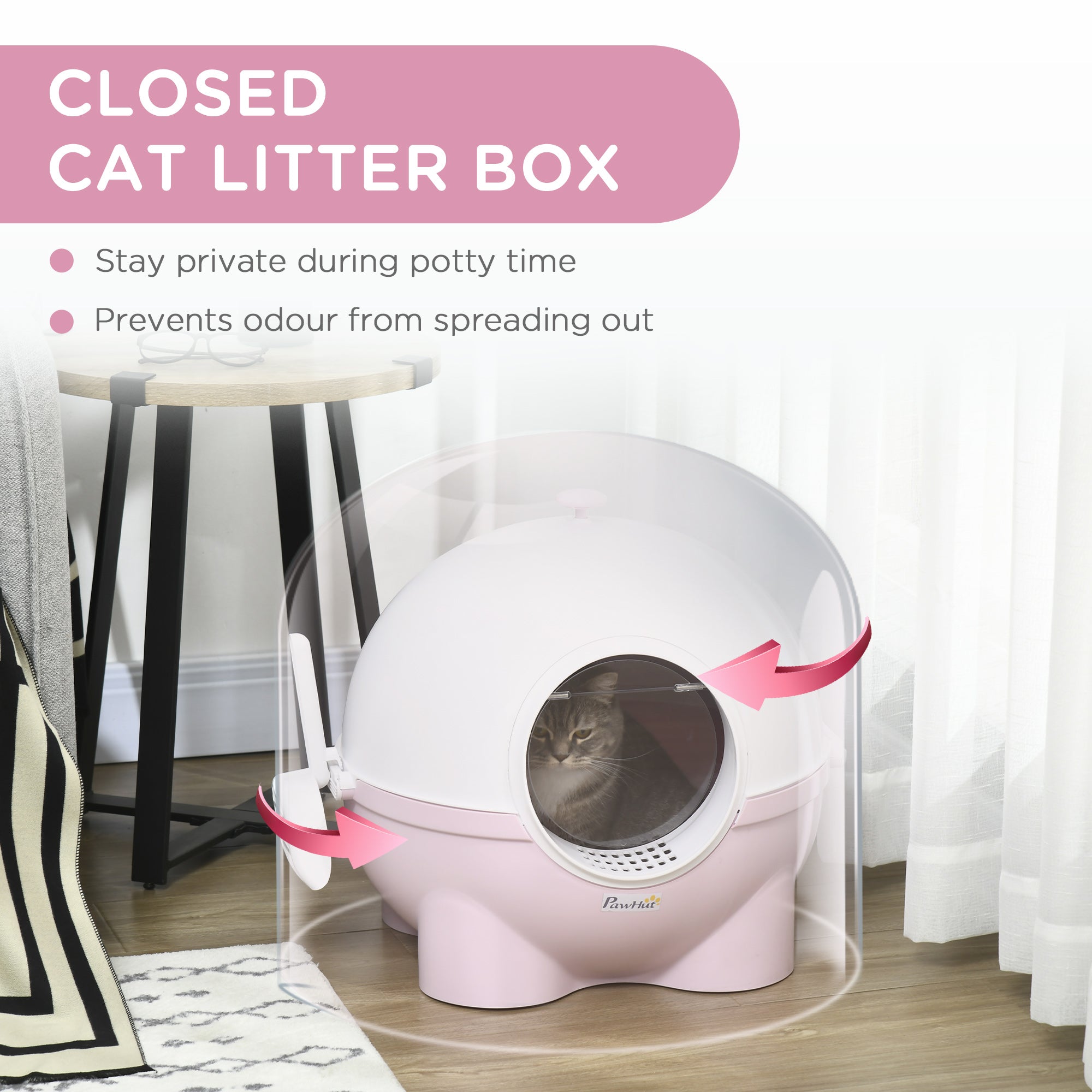 Hooded Cat Litter Box, Large Kitty Litter Pan with Lid, Scoop, Leaking Sand Pedal, Top Handle, Light Pink - 5 - CJ