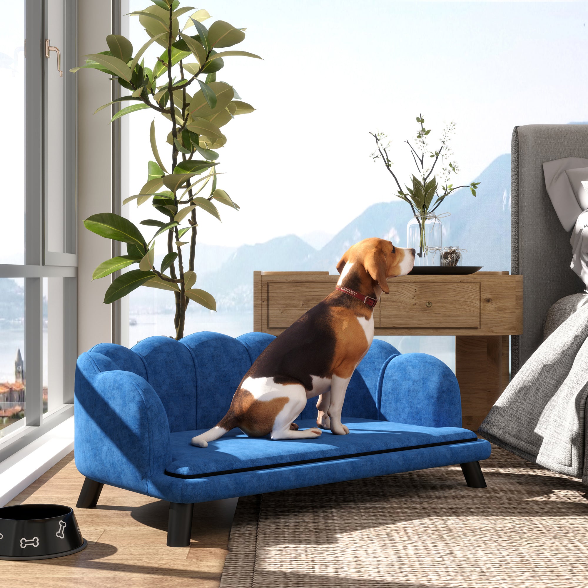 Pearl Design Pet Sofa for Medium and Large Sized Dogs, Pet Bed with Cushion and Solid Wood Legs, Dark Blue - 5 - CJ