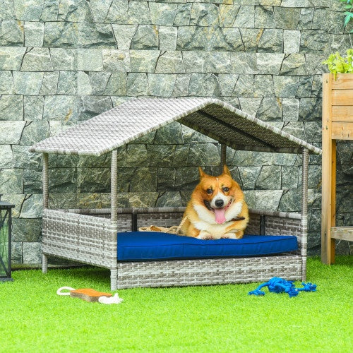 The Rattan Dog House Outdoors With A Canopy, The Rattan Dog Bed With A Waterproof Mat Is Suitable For Small And Medium Sized Dogs - 5 - CJ