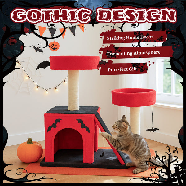 Halloween Cat Climbing Frame Gothic Cat Tree, Cat Tower With Spacious Cat Condo, 2 Padded Perches, Spider Toy, Scratching Posts, Scratching Ladder For Large Cats, Red & Black - 5 - CJ