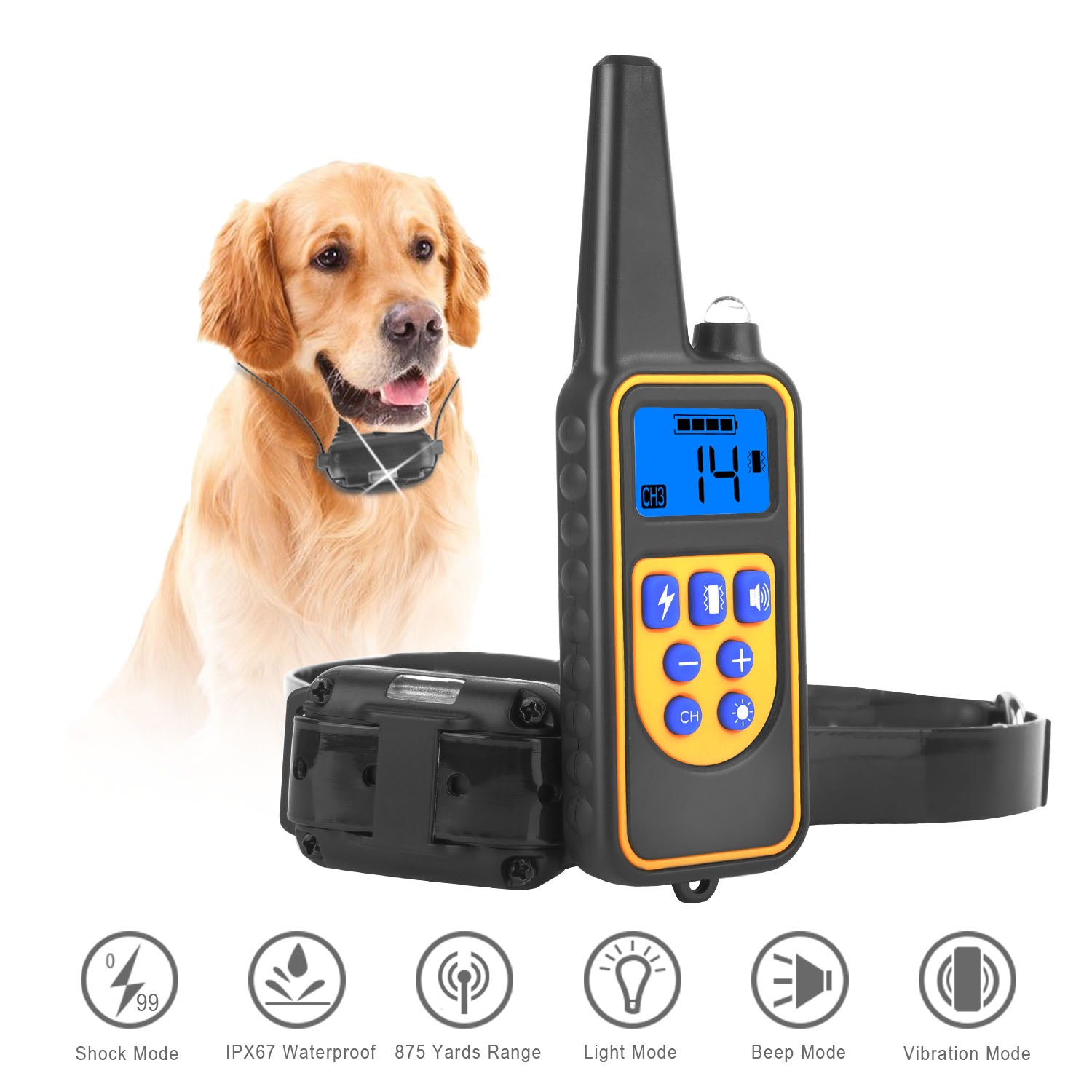 1Pc Dog Training Collar With Remote IP67 Waterproof Pet Trainer 300mAh Rechargeable 875 Yard Remote Control 4 Modes Adjustable Level - 5 - CJ